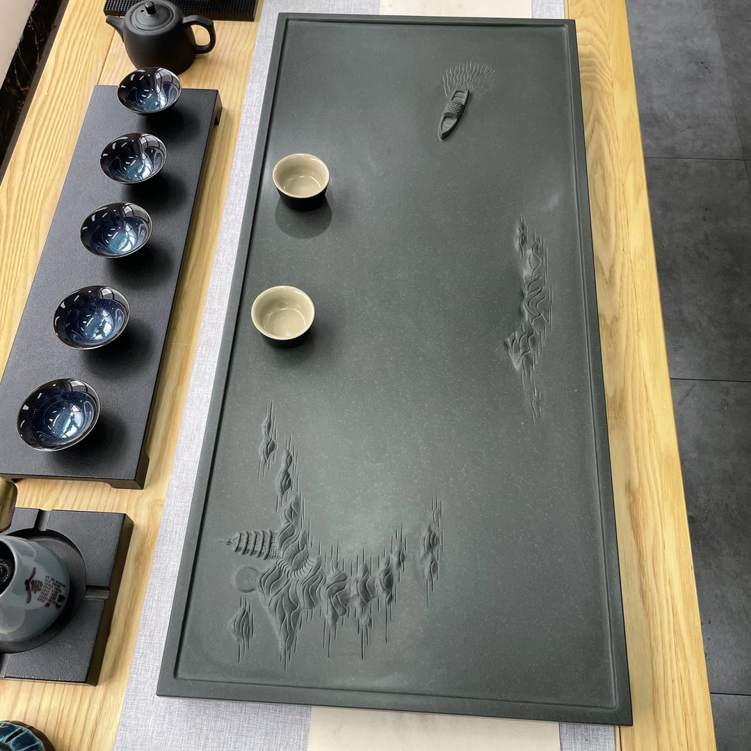 雷峰塔 天罗绿石茶盘整块石头茶盘手工浮雕排水式家用办公用
