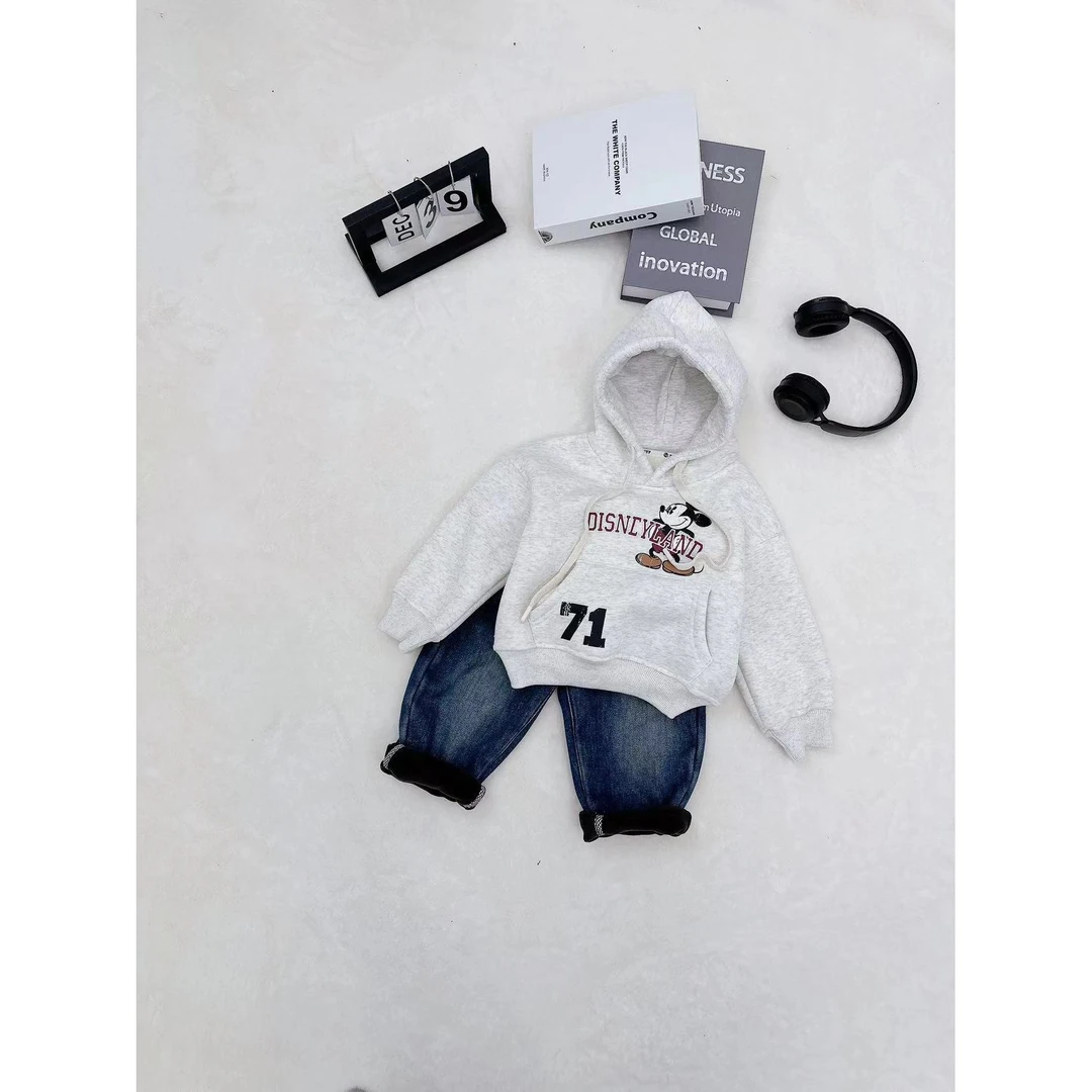 【町木优品】儿童冬季男童字母米奇连帽纯色百搭加绒卫衣 T8907