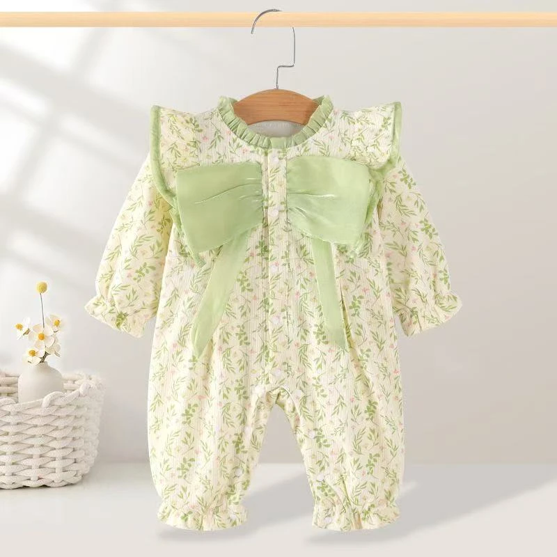 婴儿连体衣春秋衣服新生儿碎花公主洋气爬服宝宝满月百天双层哈衣