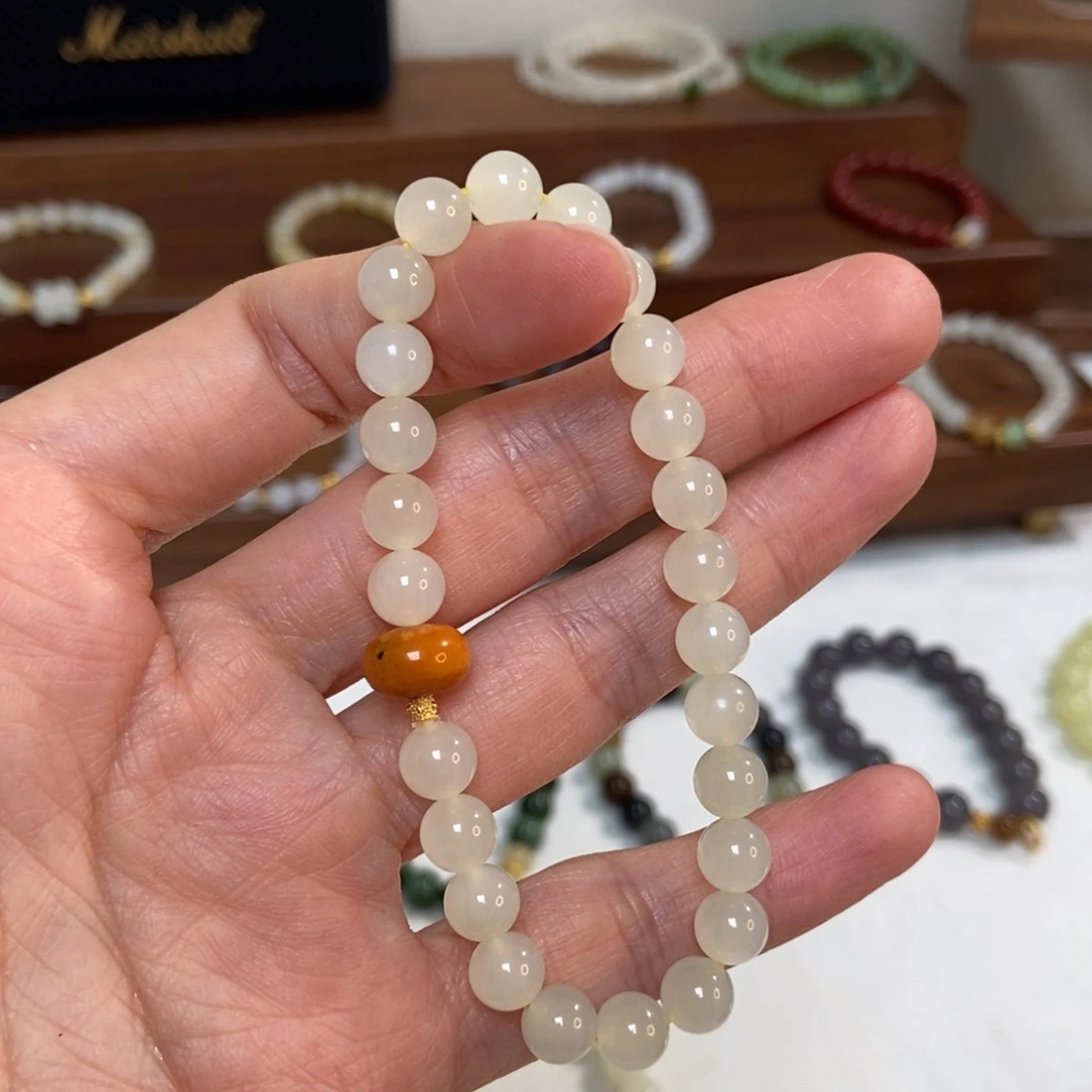 和田玉银S925镶嵌手链福利7mm蜂蜜水