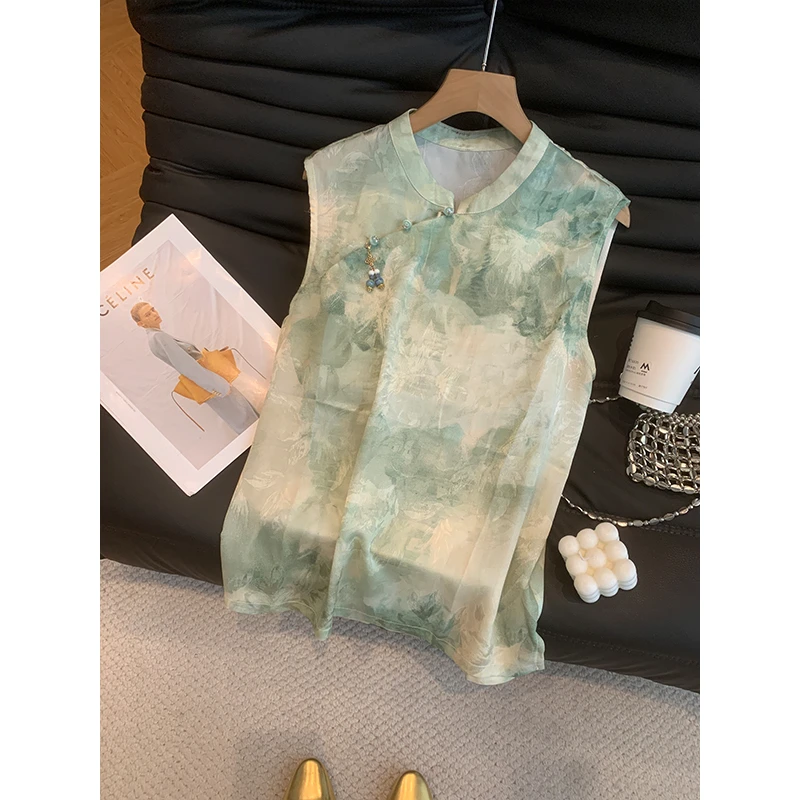 国风无袖马甲背心女夏新款新中式斜襟立领盘扣烧花显瘦轻薄短上衣