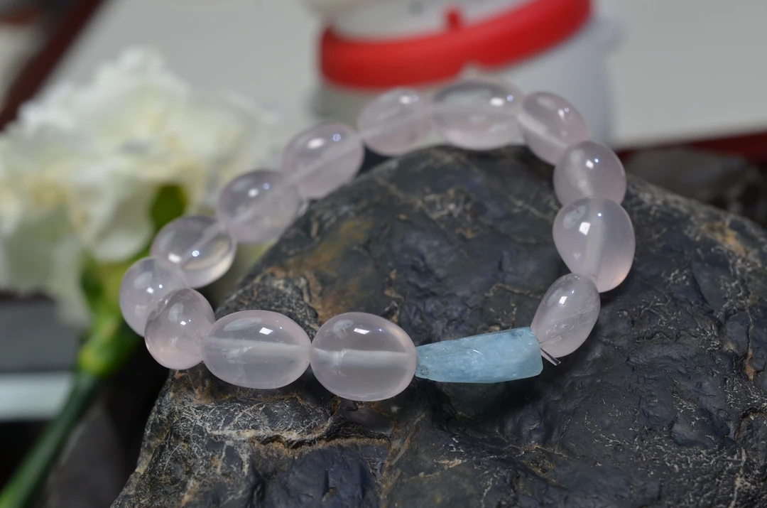 59天然星光粉水晶手链 海蓝宝手串 约12~15MM不等
