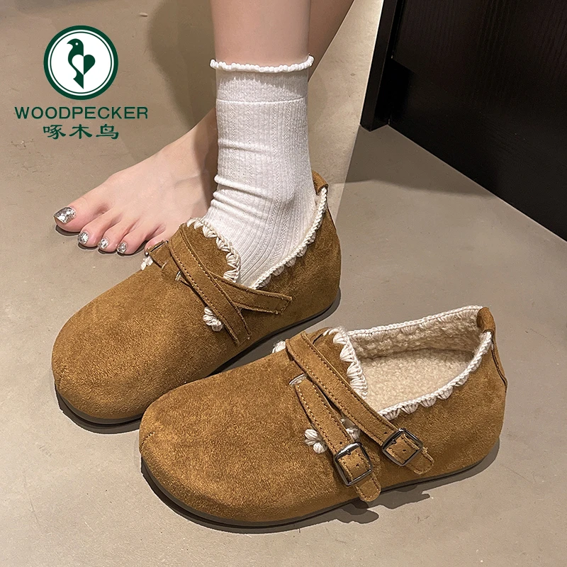 啄木鸟加绒厚底内增高全包勃肯鞋女2025秋冬季新款单鞋乐福鞋
