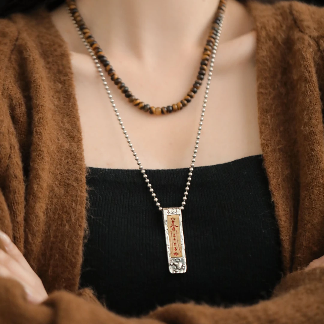 吊坠925银 M8186 红金平安肌理方牌吊坠