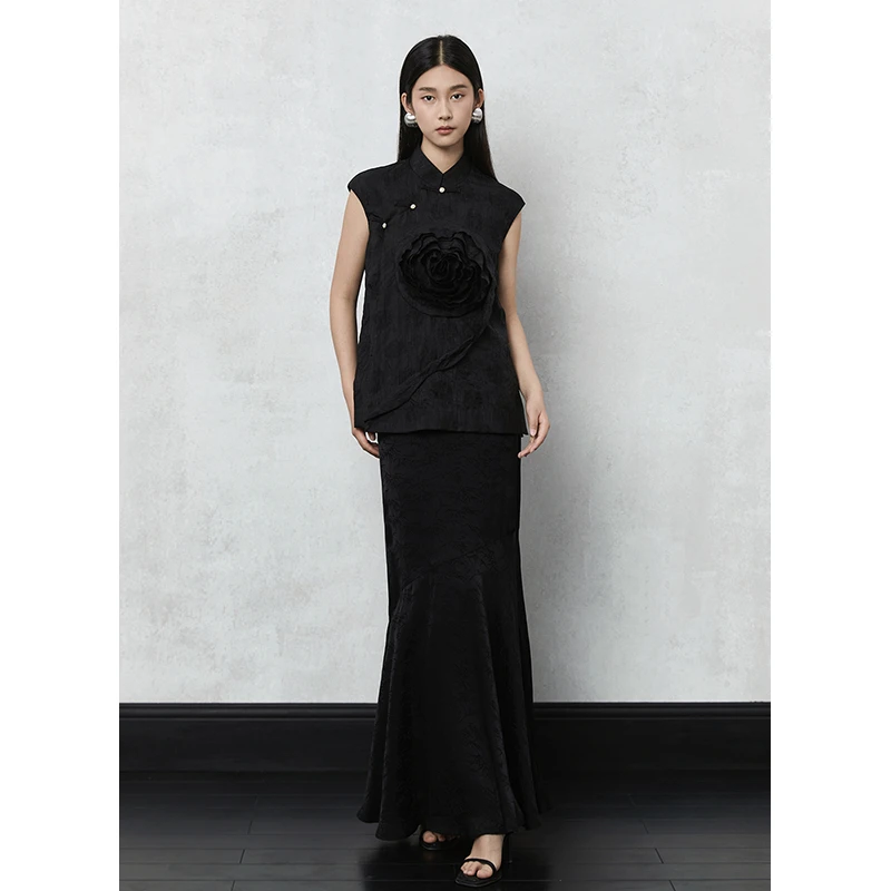 HECO【百花曲】新中式国风夏季新款立体玫瑰旗袍领无袖上衣背心女