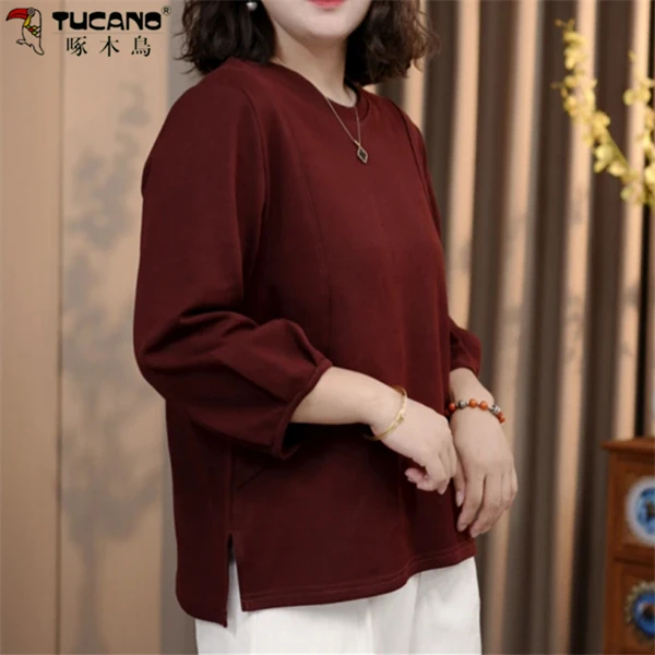 啄木鳥纯棉秋季新款休闲百搭圆领套头七分袖拼接时尚中老年女T恤