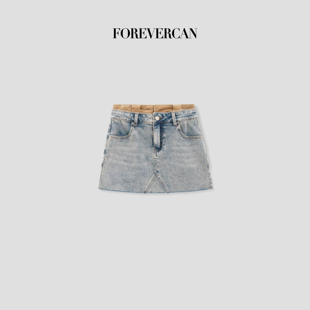 FOREVERCAN“牛仔艺术家”可拆卸拼接腰头洗水牛仔半身裙 SD19229