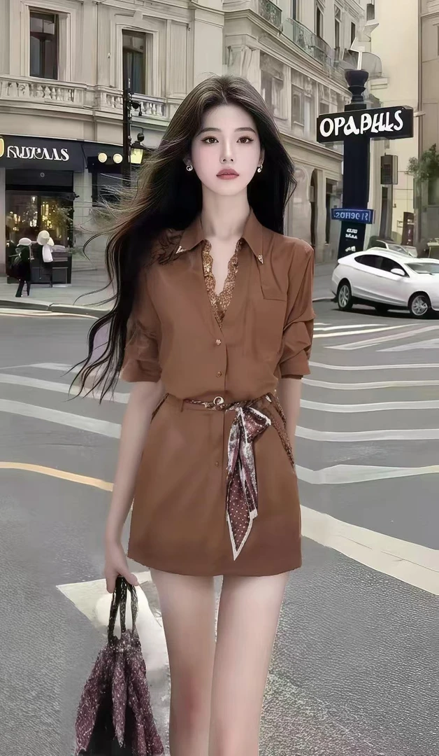时尚新款小众休闲风棕色衬衫领短袖修身收腰设计氛围感连衣裙女