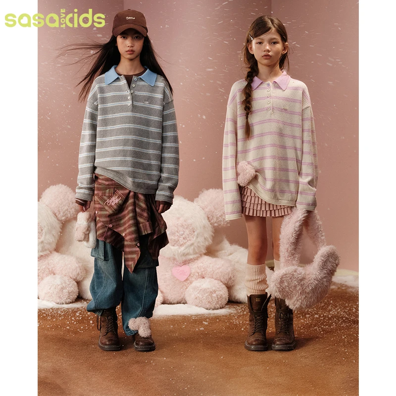 sasakids秋冬miu系亲肤绵羊毛学院风条纹polo套头毛衣休闲女童