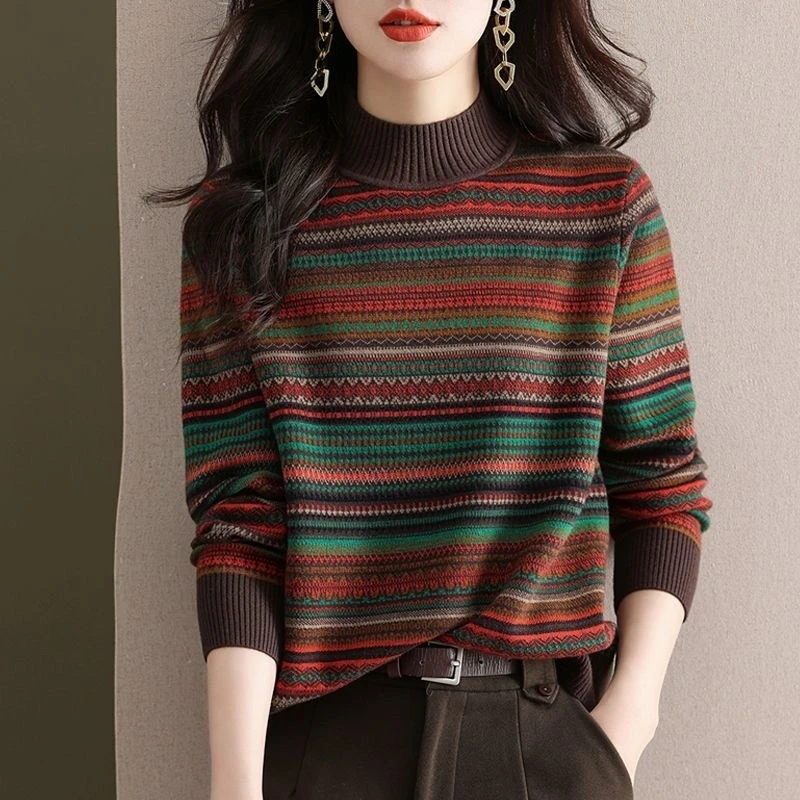 新款女士秋冬加厚针织衫长袖半高领条纹打底衫休闲气质上衣