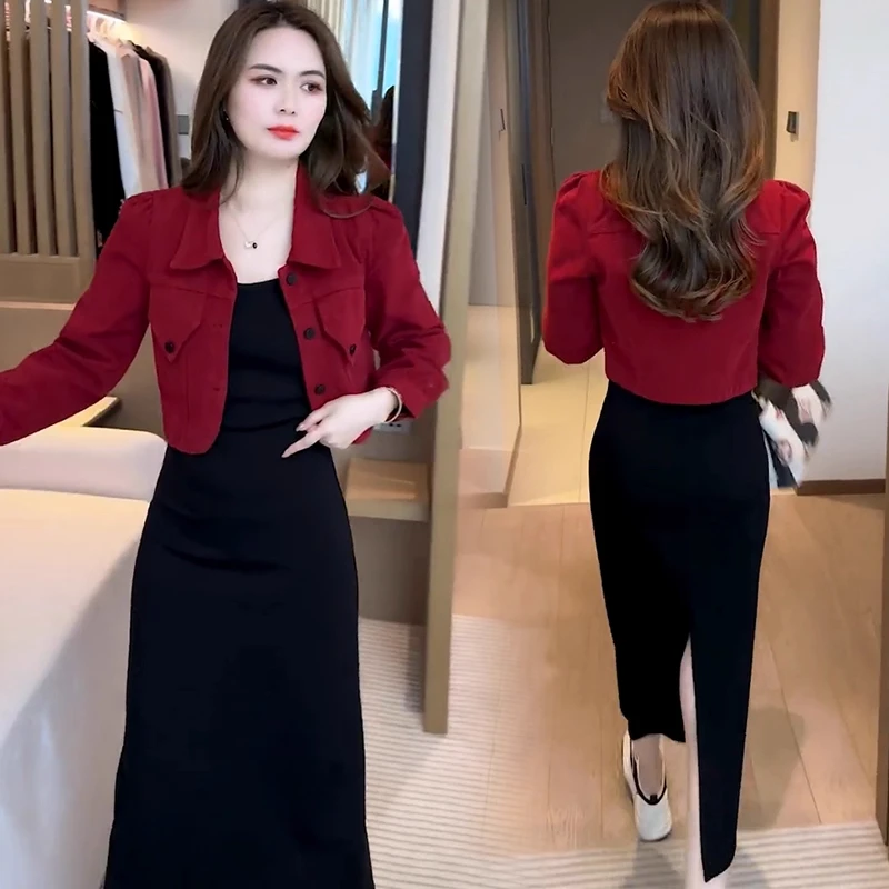 时尚洋气套装裙女2025春秋新款时髦减龄短款牛仔外套连衣裙两件套