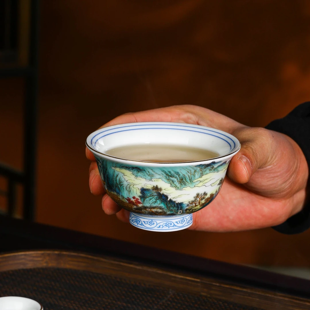 景德镇珐琅彩富春山居图茶器家用高端茶器手工小压手客杯（容量60）