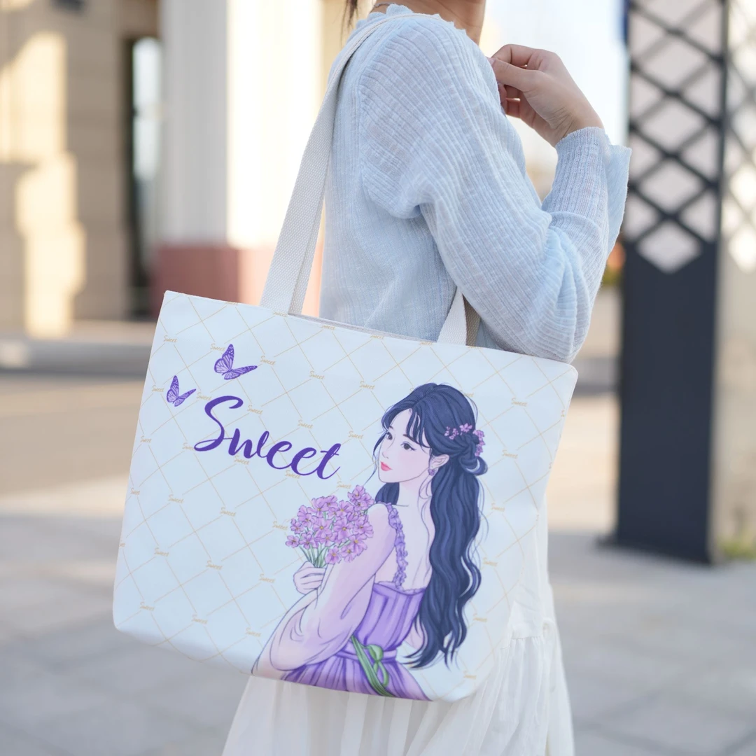 2025时尚帆布包新款大容量单肩包紫色印花百搭通勤包女休闲妈咪包