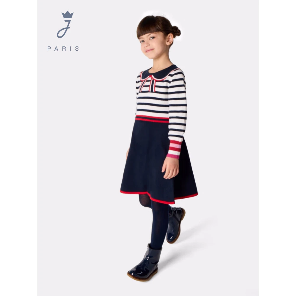 JACADI亚卡迪法国 女大童时尚撞色蝴蝶结连衣裙24秋款2034834 白/