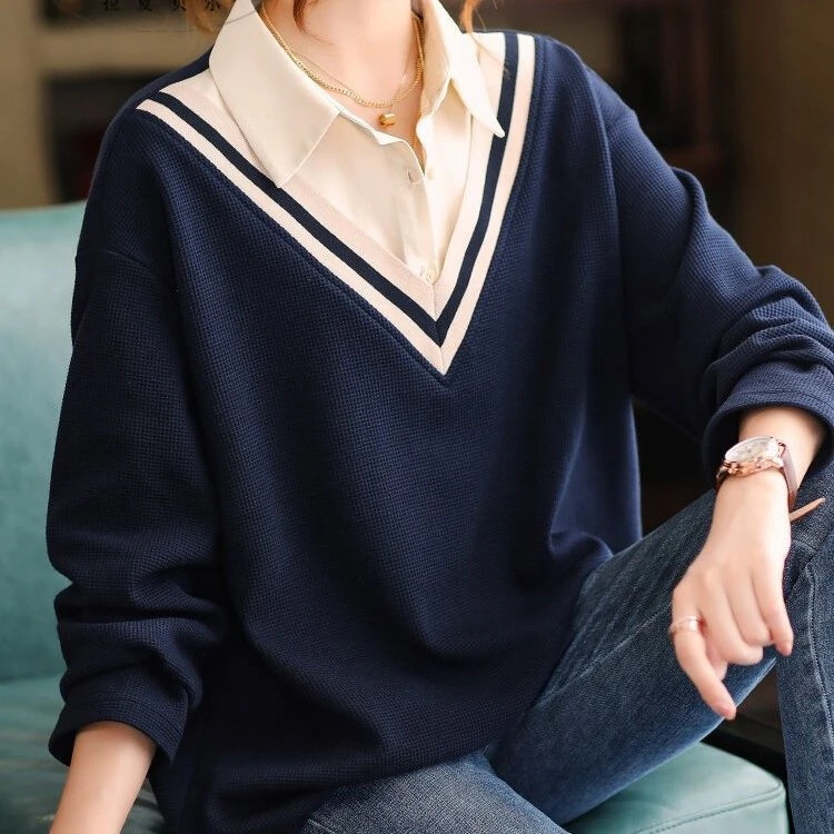 涤纶欧洲站假两件卫衣女春秋2024新款宽松胖妹妹大码女装减龄休闲
