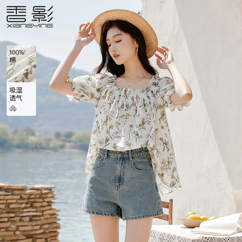 【直播专享】S85S539雪纺衫 香影自然花卉印染雪纺衫夏季新款短
