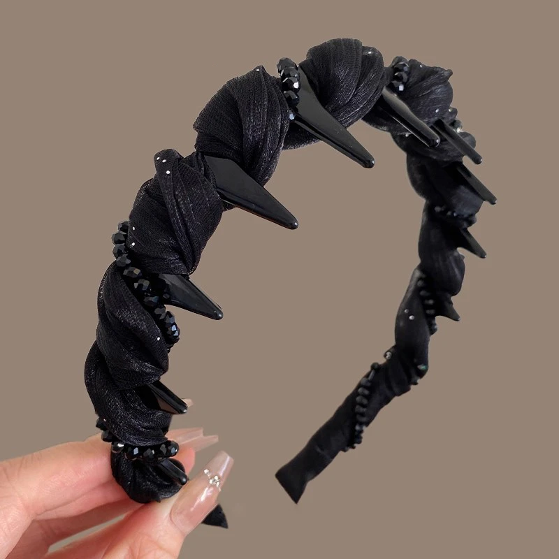 高级感小香风珠光网纱发箍女2025新款防滑带齿纹理感高颅顶头箍