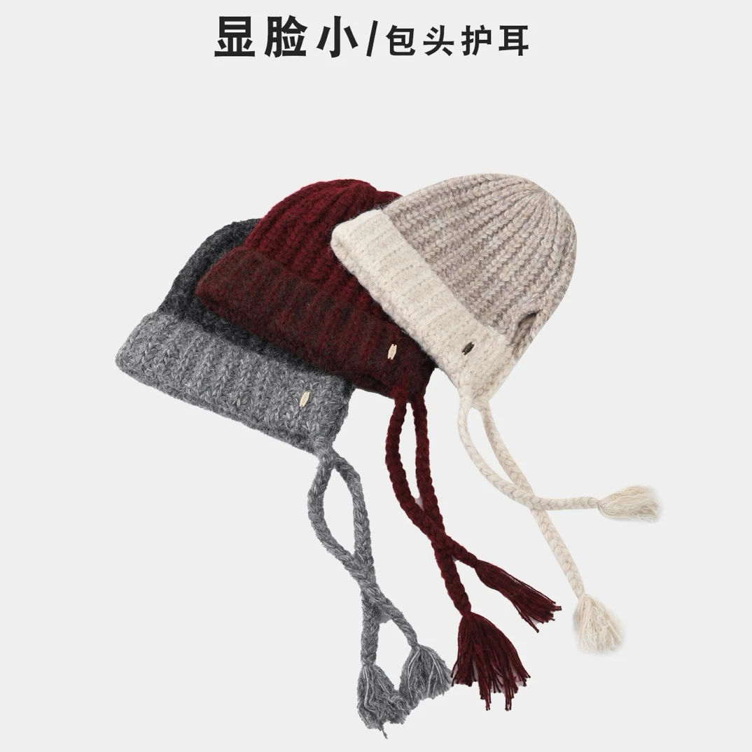 羊毛渔夫帽子护耳女秋冬季针织盆帽巴拉克拉法毛线帽子手工编织