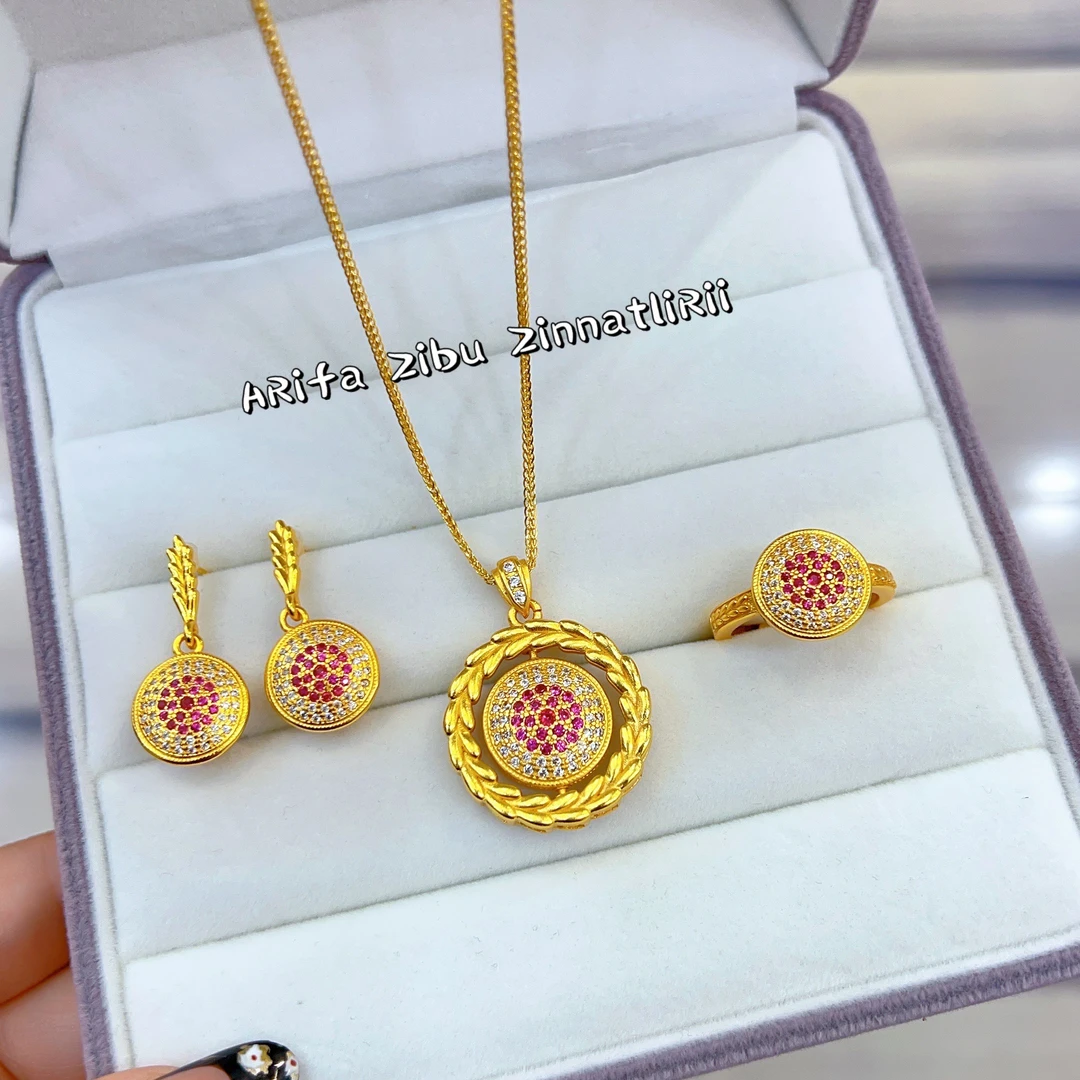 铜合金项链 新款时尚百搭气质古法三件套 项链 戒指 耳钉金色轻奢