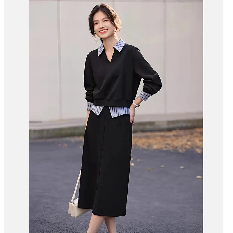 （运补6元）1091早秋穿搭一整套小个子两件套显瘦条纹拼接半裙套装