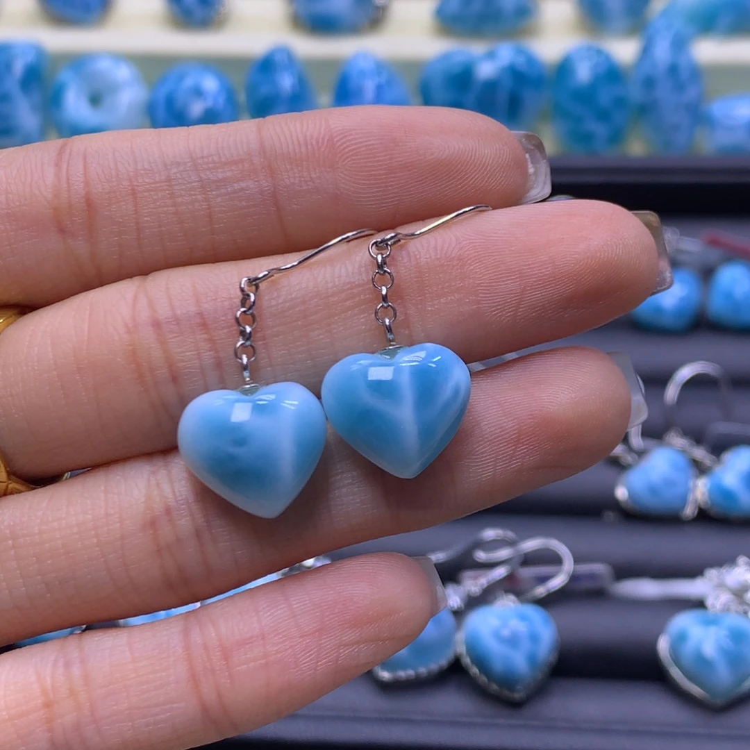 针钠钙石（海纹石）银S925镶嵌耳饰爱心耳钩