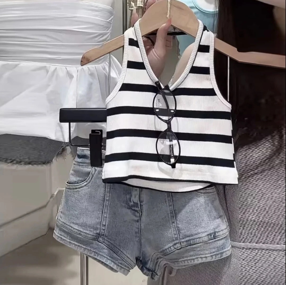 女童夏季新款套装洋气条纹背心牛仔短裤女宝宝休闲两件套