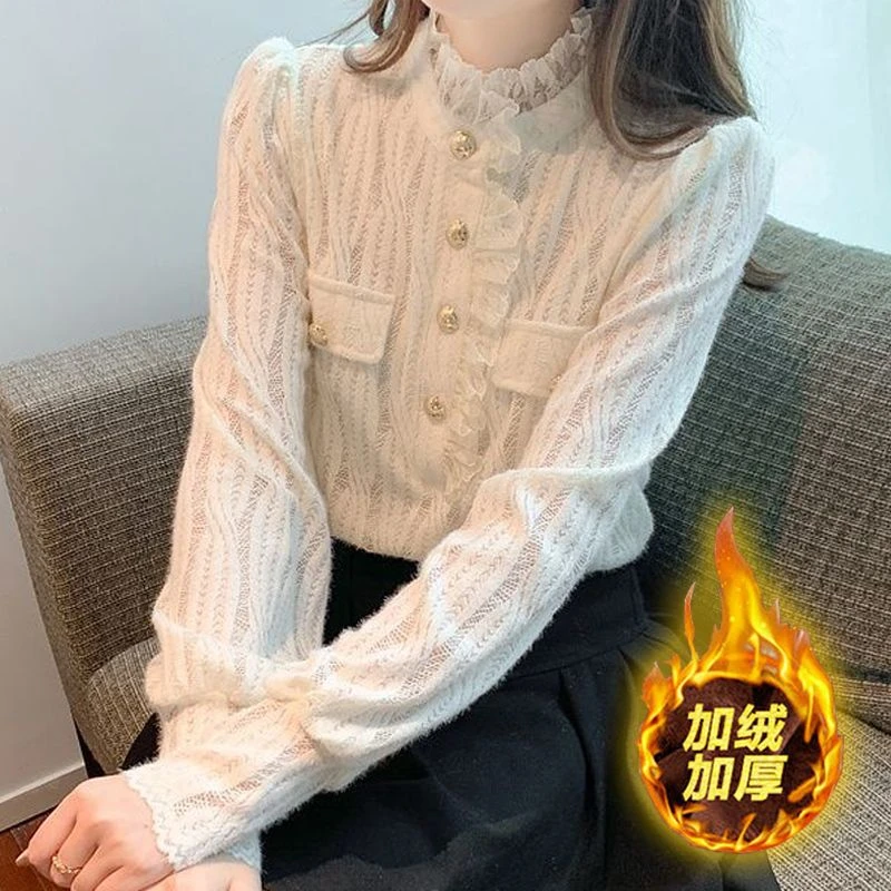 2025秋冬新款衬衫女洋气时尚拼接小衫木耳边气质百搭减龄打底衫