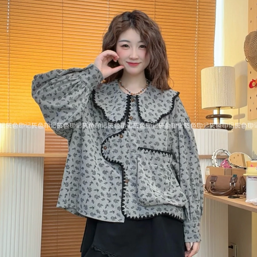 梦梦“灰色印记” 原创娃娃领大口袋灯笼袖专机线条高级质感上衣