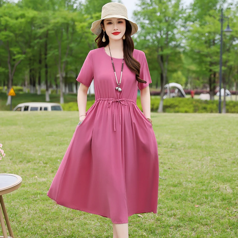 2025新款纯色棉绸连衣裙女夏季气质高端收腰显瘦小个子人造棉裙子