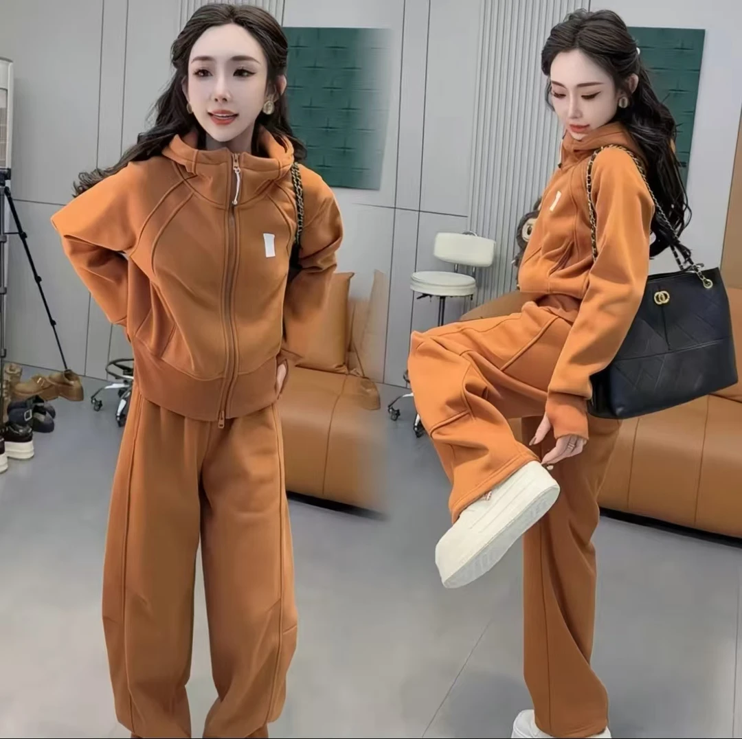 2025冬季新款运动套装纯色简约时尚休闲连帽加绒上衣长裤两件套女