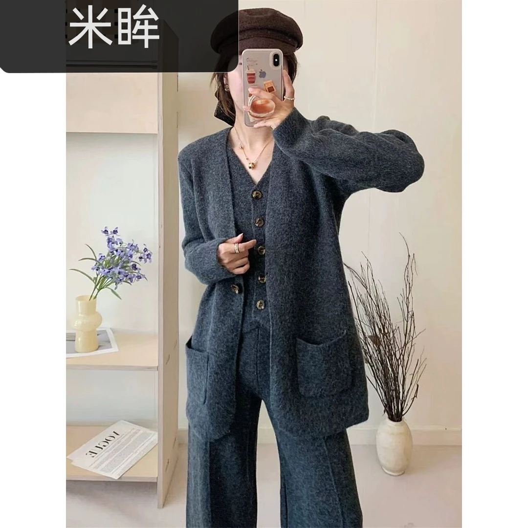 洋气秋冬针织马甲阔腿裤时尚套装女