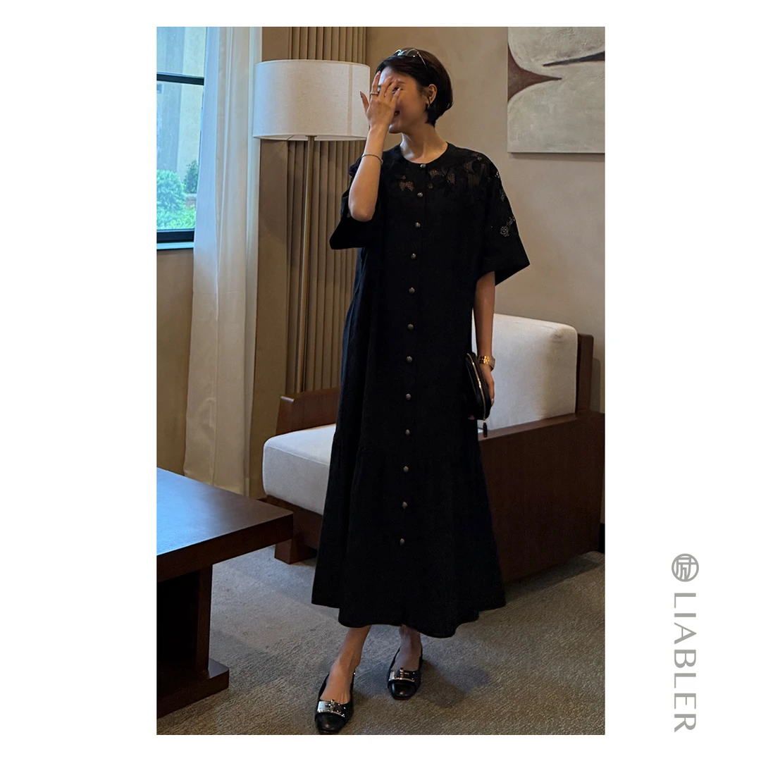 LIABLER/励 W25春夏亚麻复古蕾丝拼接鱼尾摆连衣裙 LSS25247D