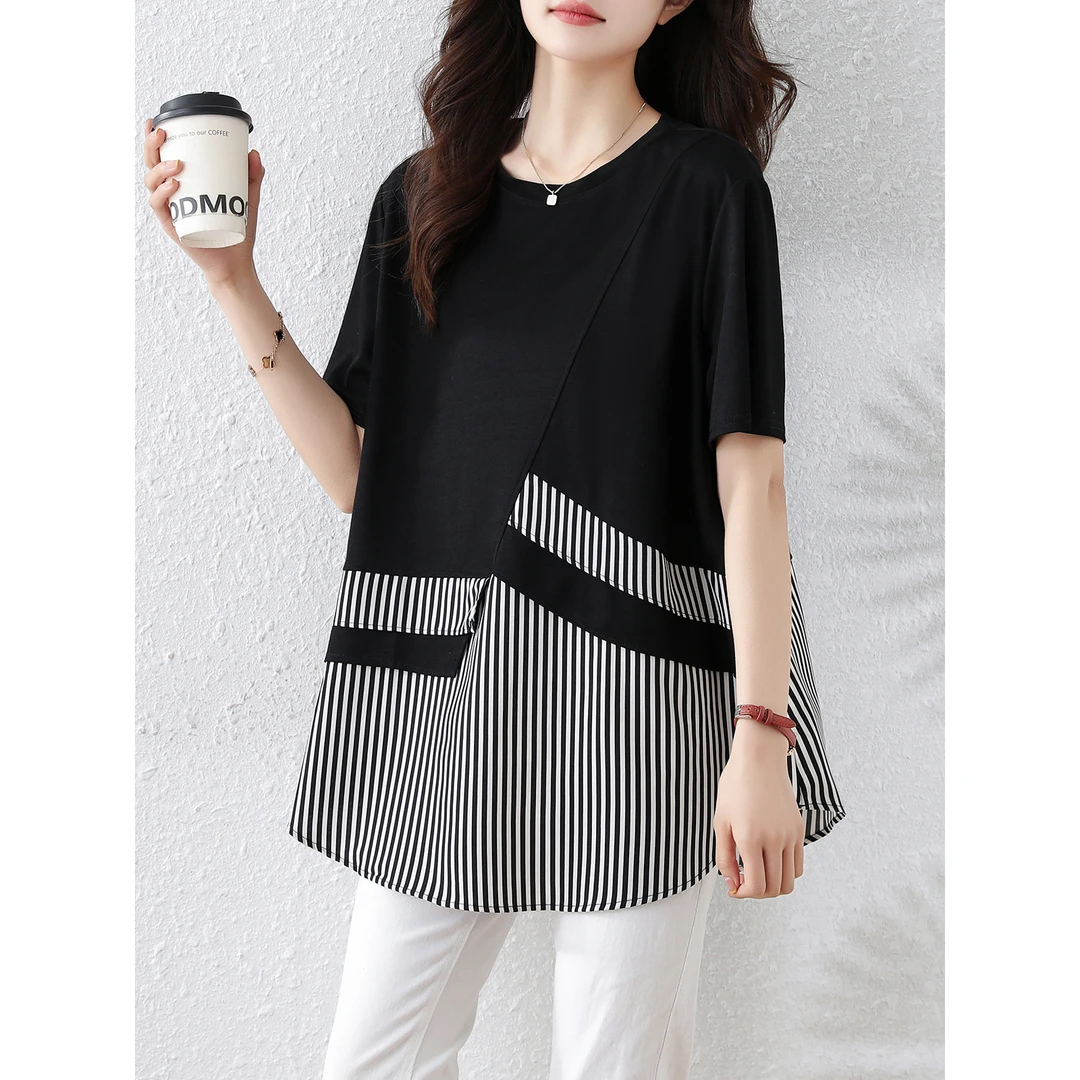 宽松休闲夏装新款时尚气质拼接大码上衣显瘦减龄胖妹妹T恤小衫女