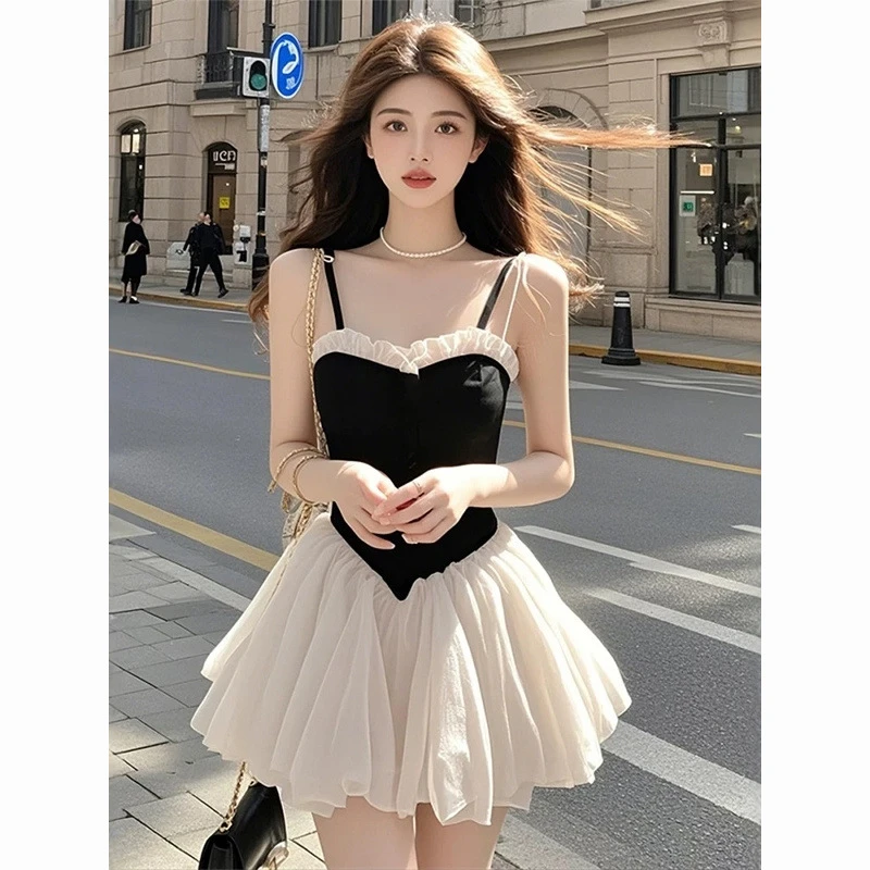 法式撞色拼接网纱春夏季新款小众夏季辣妹收腰痞帅