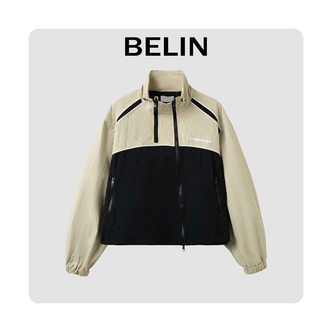 BELIN 时尚回流 复古撞色宽松拉链外套女休闲运动夹克上衣短款