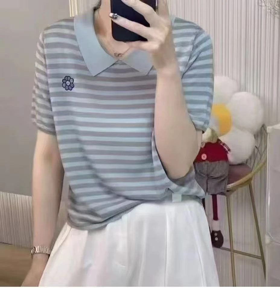 【XIAOHUIHUI】小翻领条纹短袖上衣