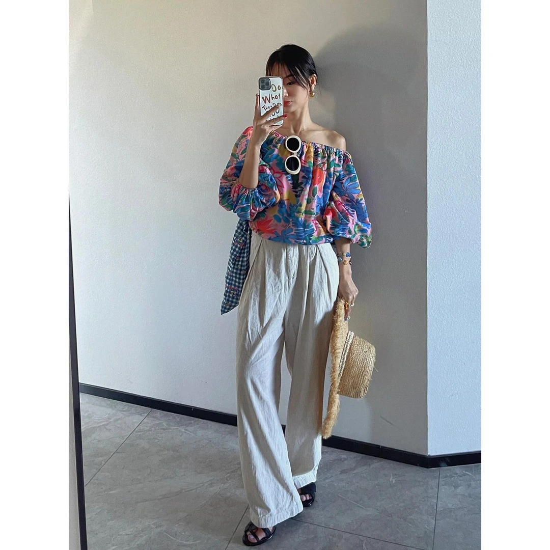 度假油画风高级感锁骨一字肩花色衬衫女春秋多巴胺甜辣别致小上衣