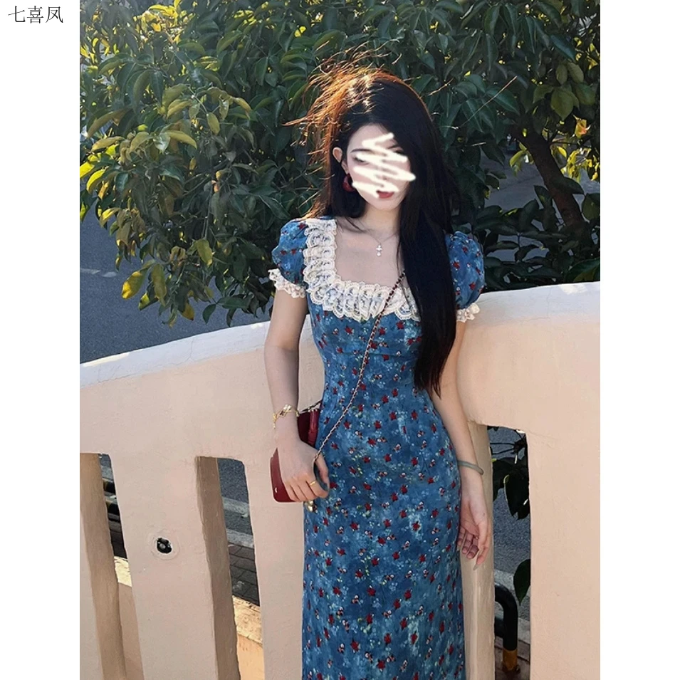 夏季碎花连衣裙显瘦气质法式收腰泡泡袖小众温柔设计感女装裙子
