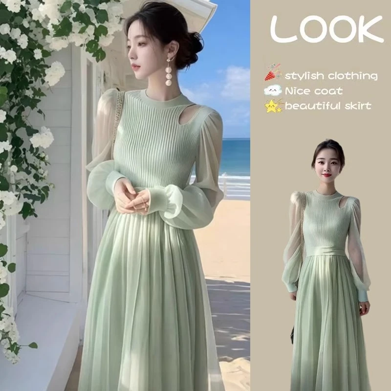 独特超好看气质优雅绿色连衣裙女装2025春季新款重要场合名媛长裙