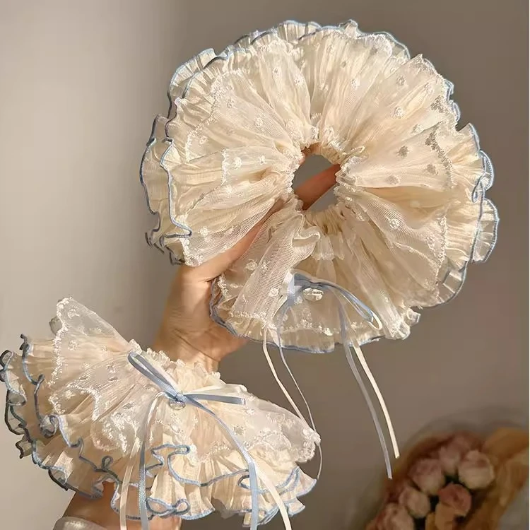 超仙网纱蕾丝裙摆拷边大肠发圈法式高级感温柔低马尾发绳扎发头饰