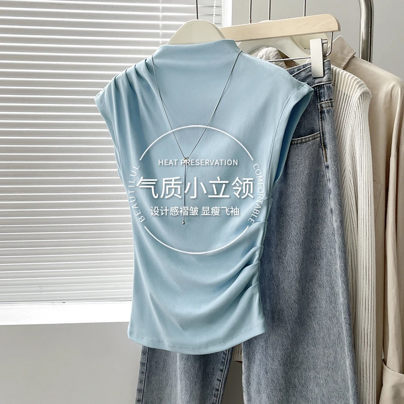 半高领收腰褶皱短袖t恤女2025新款夏季设计感上衣修身打底衫内搭