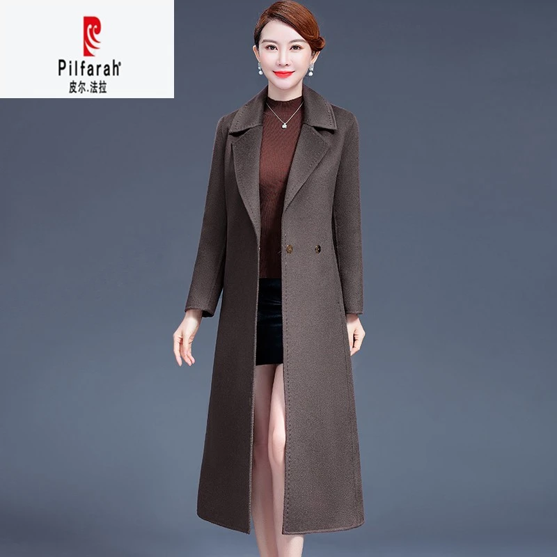 皮尔法拉双面羊毛大衣女长款过膝2025秋冬季新款双面呢高端腰带羊