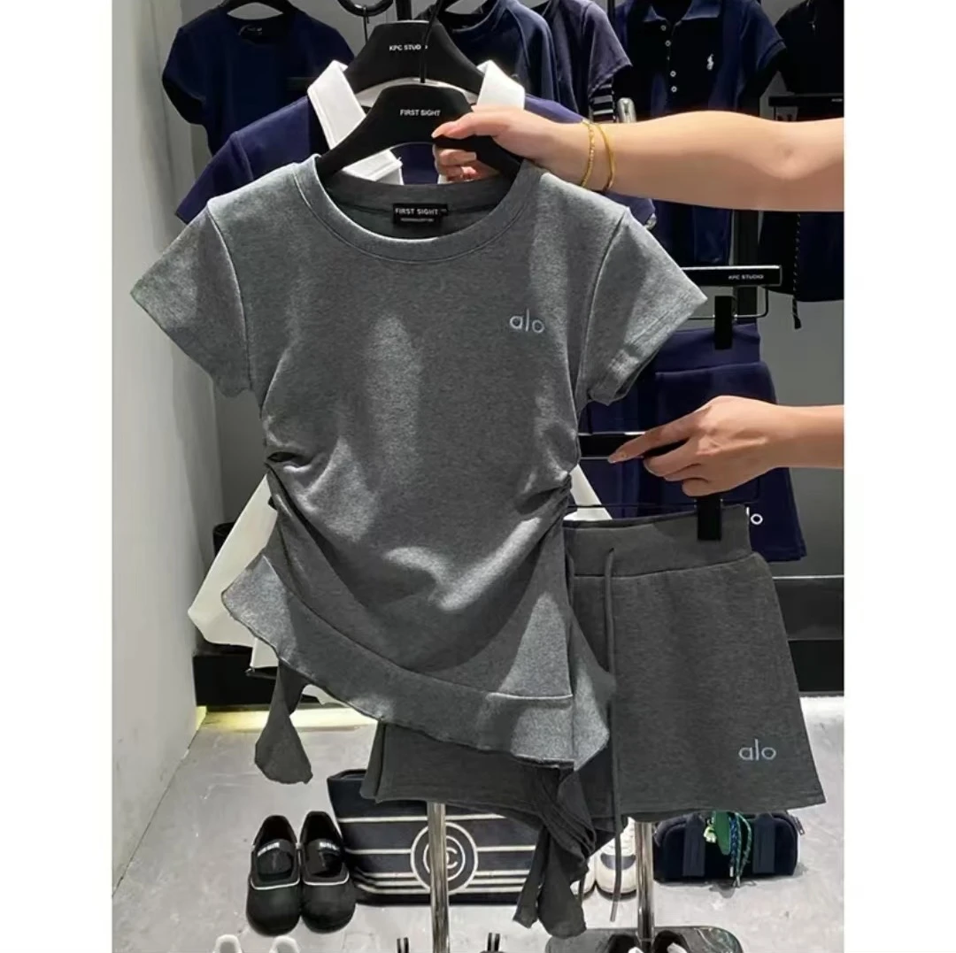 【两件套】字母刺绣圆领不规则下摆荷花边短袖夏季收腰显瘦T恤套装