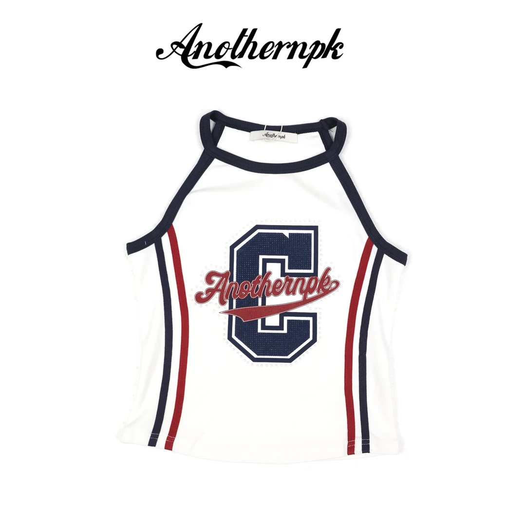 ANPK美式复古挂脖背心套装美式白色条纹复古印花夏季A5F01B0155