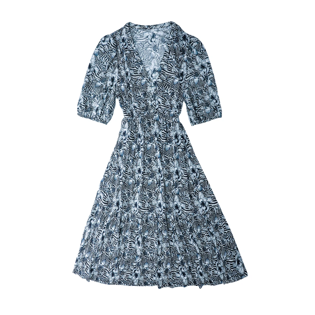 品牌新款桑蚕丝V领短袖收腰连衣裙42315