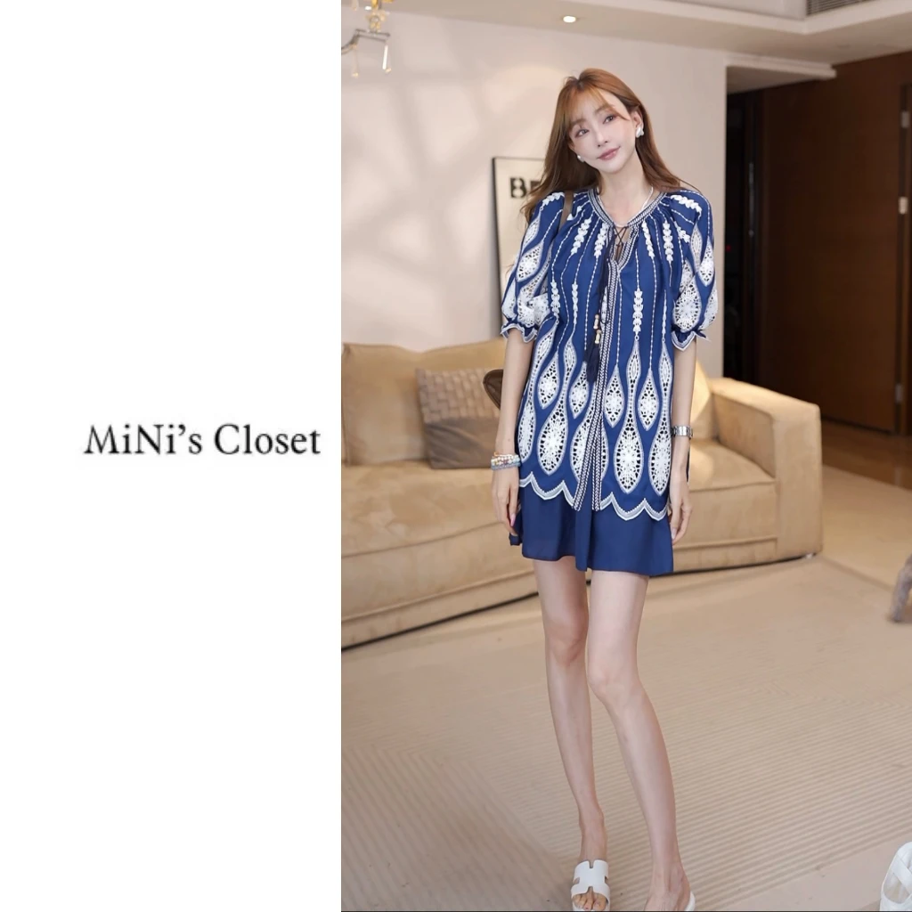 【MiNi推荐】2025年新款上衣刺绣法式蓝色衬衫高级感轻奢套装JE1140