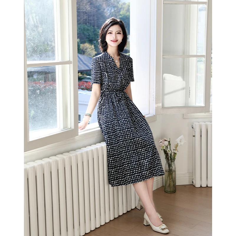 阿楠anan 优雅诠释 重磅桑蚕丝弹力双绉V领格纹收腰女夏季连衣裙