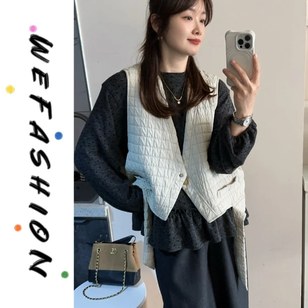 【WE】设计感飘带压格马夹➕波点花边T恤
