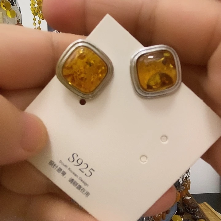 琥珀（花珀）银S925镶嵌耳饰正方形