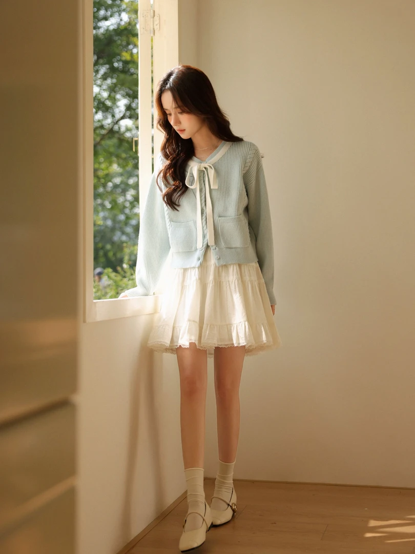 瞌睡兔 撞色系带圆领开衫毛衣女甜美减龄落肩弹力宽松上衣247823